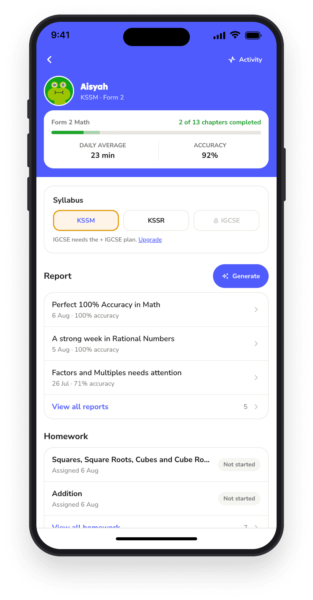 A parent and child reviewing topic progress in the Tupai Parent app