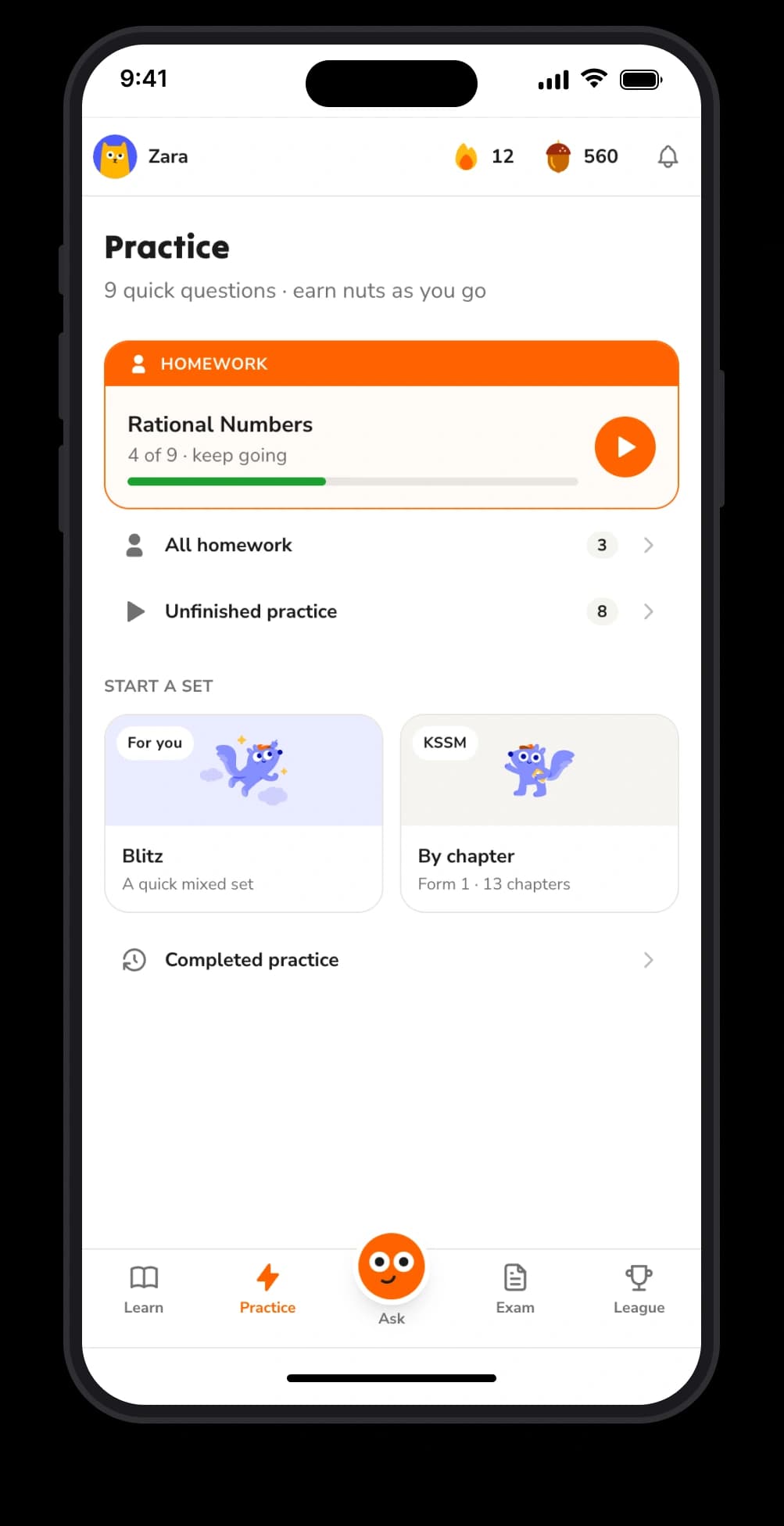 A Tupai practice set adapting to the topics a student finds hard