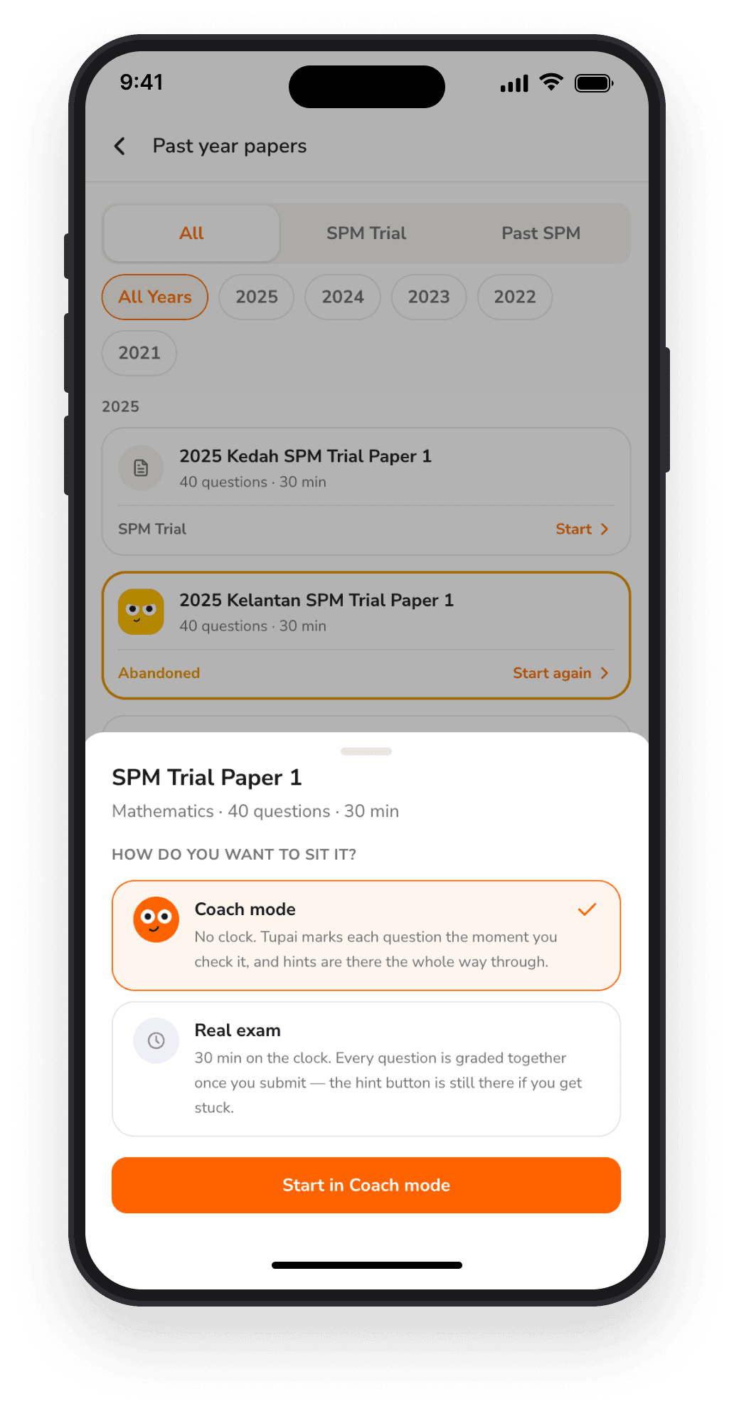Choosing between Coach mode and Real exam mode for a past-year paper in the Tupai app