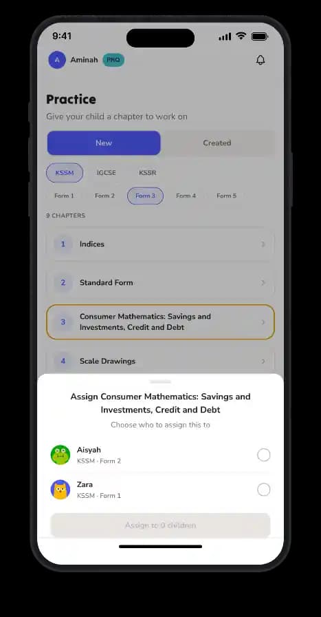 Assigning a practice topic to a child in the Tupai Parent app