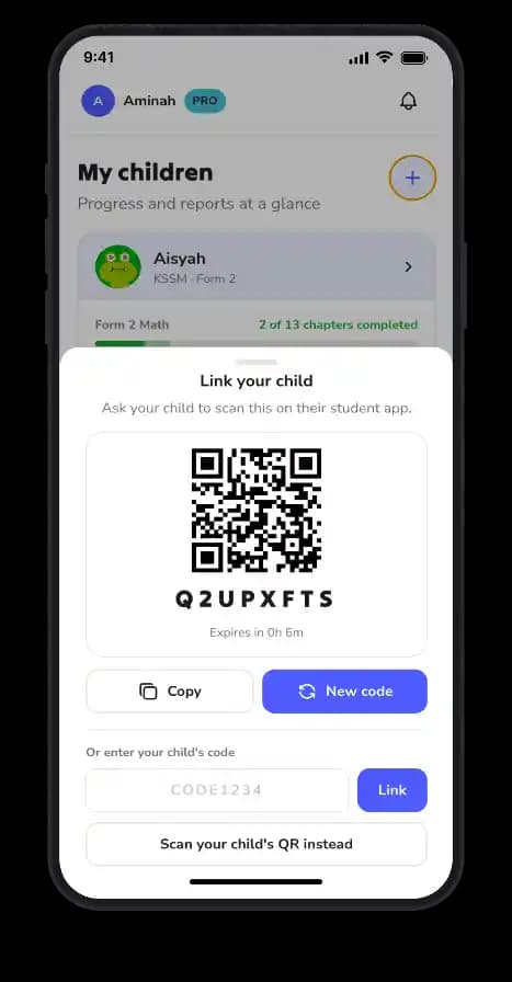 Linking a child's Tupai account by scanning a pairing QR code
