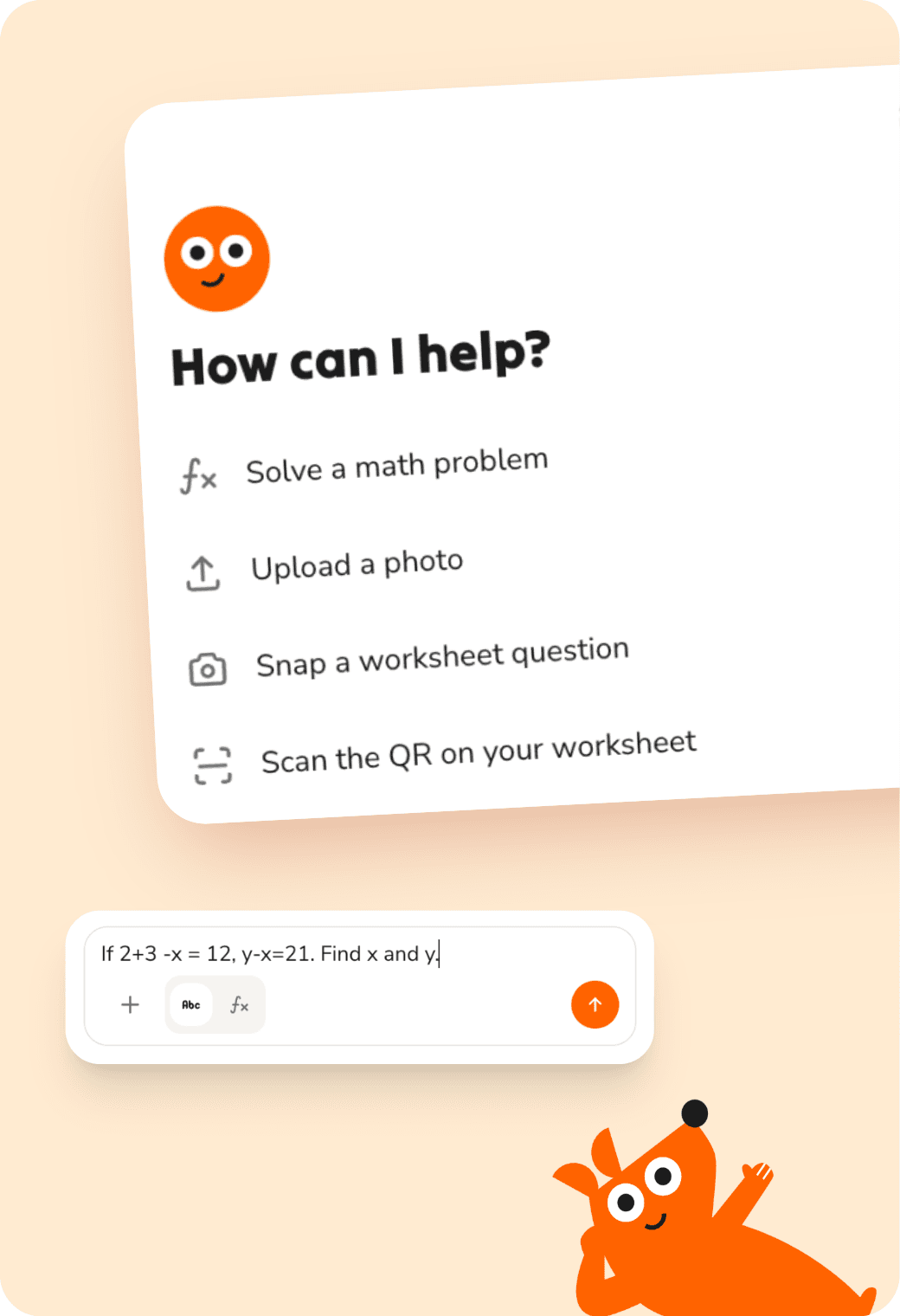 Tupai's "How can I help?" screen, with options to solve a math problem, upload a photo, snap a worksheet question or scan a worksheet QR code