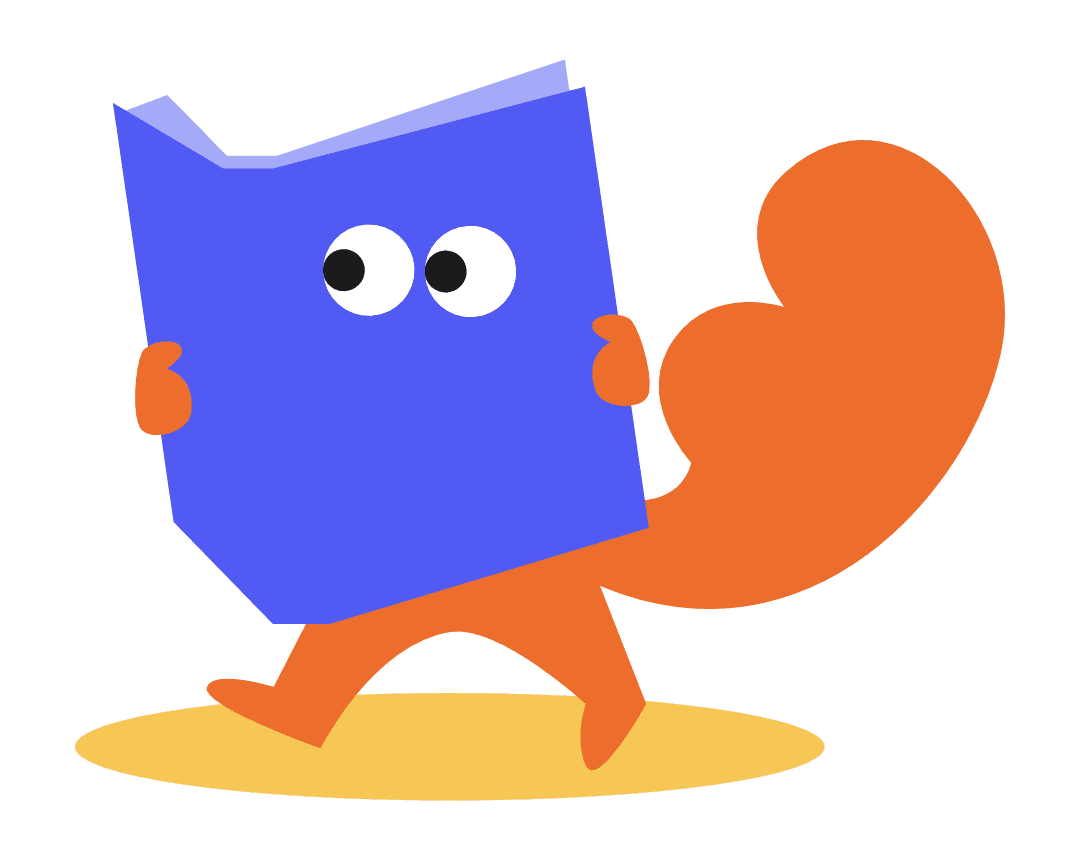 Tupai the squirrel walking along with an open textbook