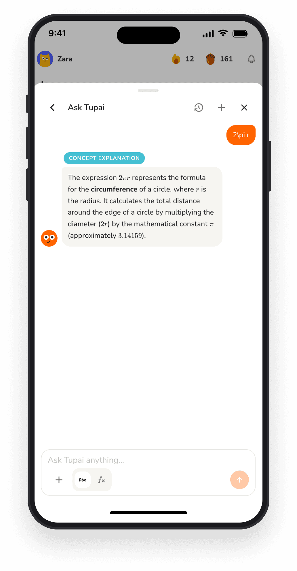 A Tupai chat explaining a maths problem one step at a time