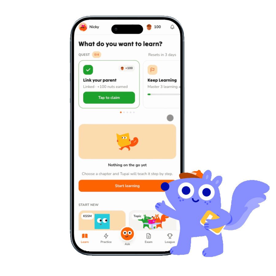 The Tupai app open on a phone, with the two Tupai squirrel characters beside it